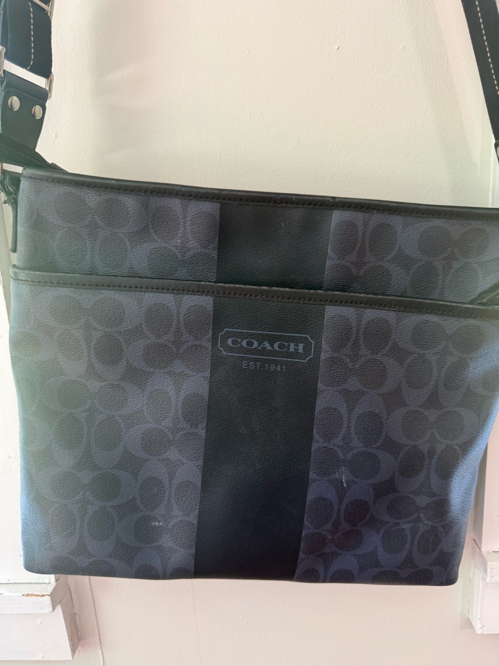 Vintage Coach Navy Signature Stripe Messenger Bag